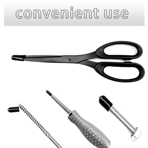 Round Rubber End Cap Set With 60 Black Vinyl Protective Sleeves shown on scissors, screwdriver, and bolt