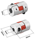 Flexible Shaft Coupling 6mm To 8mm Bore 30x20mm Servo Motor Coupler with dimensions, aluminum body, red inserts, and set screws.
