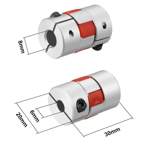 Flexible Shaft Coupling 6mm To 8mm Bore 30x20mm Servo Motor Coupler with dimensions, aluminum body, red inserts, and set screws.