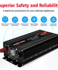 Dead Simple 3000 Watt Power Inverter With 6000 Peak Surge displayed with safety features and LCD readout.