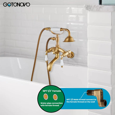 Antique Brass Clawfoot Bathtub Faucet With Wall Mount Handheld Shower Set Double Lever Handle 6 Inch Center Adapter Included Adjustable Swing Arms Solid Brass Bath Tap For Old School Retro Vibe Bathrooms, wall mount installation view.