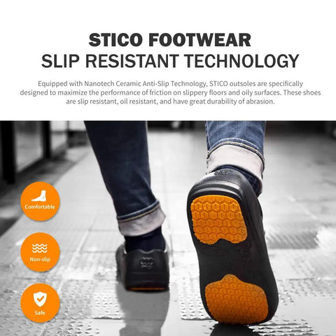 Slip Resistant Chef Clogs For Pros With Air Vents Grippy Non Slip Work Shoes Built For Kitchen Hospital And Healthcare All Day Comfort In Black For US Men Size 10 And Garden Use showing orange outsole on wet floor