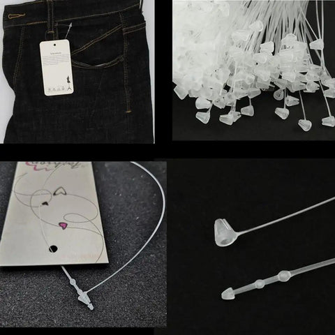 5 Inch Clear Plastic Hang Tag Fastener Snap Locks Slick Retail Fix Straight Up Secure Your Gear Gonna Keep Price Tags Locked Tight 2000 Count displayed on denim with tags and fasteners.