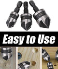 Three-piece countersink chamfer drill bit set with 1/4-inch hex shanks; sizes 12mm, 16mm, 19mm.