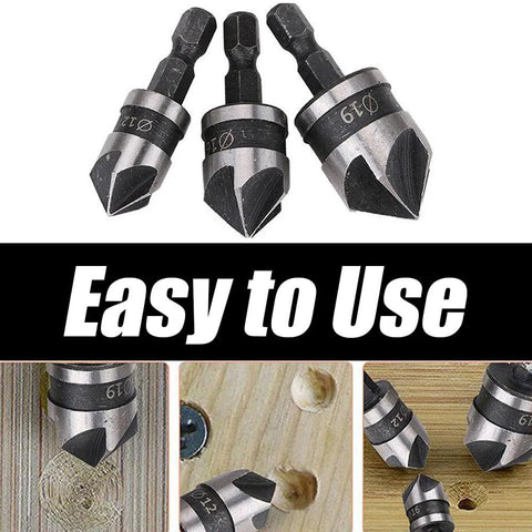 Three-piece countersink chamfer drill bit set with 1/4-inch hex shanks; sizes 12mm, 16mm, 19mm.