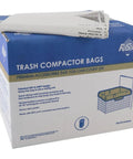Box of trash compactor bags showing product details and white bag on top, Heavy Duty 60 Pack 18 Inch Trash Compactor Bags With Ties