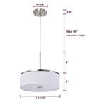 Drum Pendant Light With Brushed Nickel Trim And Linen Shade 14 Inch LED Fixture 25W 1200 Lumens suspended from ceiling