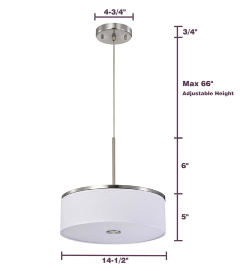 Drum Pendant Light With Brushed Nickel Trim And Linen Shade 14 Inch LED Fixture 25W 1200 Lumens suspended from ceiling