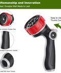 Heavy Duty Metal Hose Nozzle With Thumb Control, highlighting 7 spray patterns and ergonomic grip, ideal for multiple tasks.