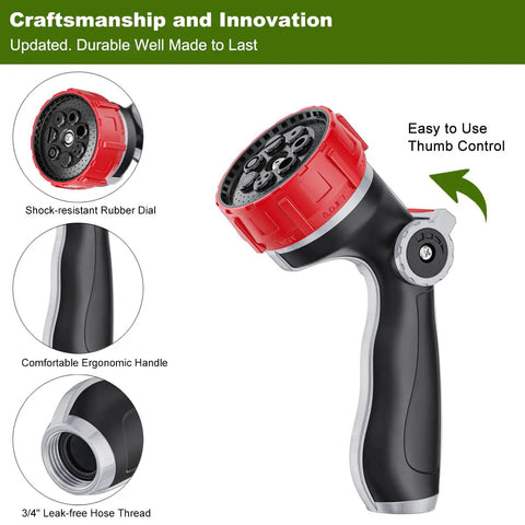 Heavy Duty Metal Hose Nozzle With Thumb Control, highlighting 7 spray patterns and ergonomic grip, ideal for multiple tasks.