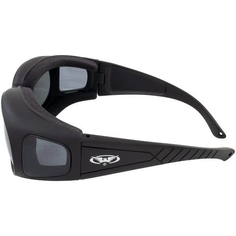 Over Glasses Motorcycle Safety Sunglasses 2 Pack Smoke And Clear Lenses side view showing air soft foam padding