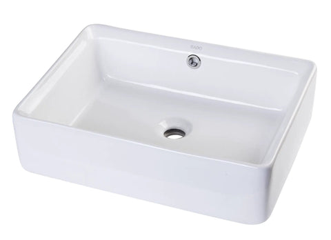 20 Inch Rectangular Ceramic Above Mount Bathroom Sink White, sleek modern porcelain basin with rear center drain and chrome overflow.