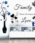 Inspirational Family Wall Decal Set With Vase Blue Flower And Hearts Vinyl Lettering Quote For Living Room Bedroom And Dining Room Decor Easy DIY Wall Art For A Warm Cozy Vibe Home