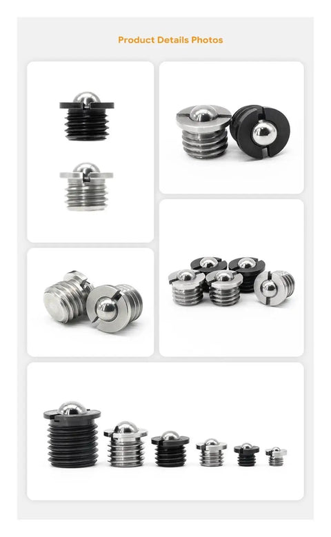 Pro Grade Flanged Ball Head Dowel Pins 10 Pack Push On Spring Indexing Plungers in various sizes and colors, showcasing durable stainless steel.