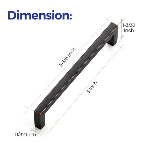 Solid 5 Inch Center To Center Slim Square Bar Drawer Handles With Oil Rubbed Bronze Finish dimensions displayed