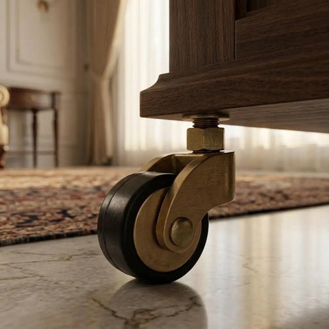 Hella Sturdy Solid Brass Stem Casters With Antique Gold Finish 7MM Slick Swivel Wheels Heavy Duty Rollers on a cabinet leg