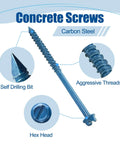 Diagram detailing features of 200 Pack 1/4 Inch By 1-1/4 Inch Slotted Hex Washer Head Concrete Screws With Drill Bit And Wrench For Masonry Block Brick Anchoring Blue Heavy Duty Pro Grade Hardware