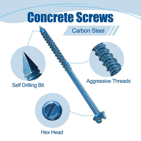 Diagram detailing features of 200 Pack 1/4 Inch By 1-1/4 Inch Slotted Hex Washer Head Concrete Screws With Drill Bit And Wrench For Masonry Block Brick Anchoring Blue Heavy Duty Pro Grade Hardware