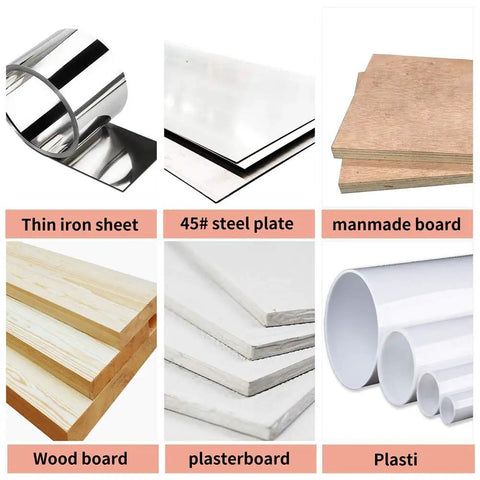 Assorted materials for drilling: iron sheet, steel plate, manmade board, wood, plasterboard, plastic, for 2 Inch Hole Saw Drill Bit.