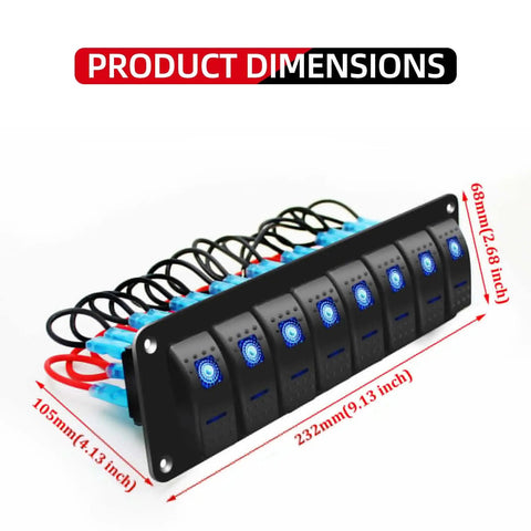Eight Gang Rocker Switch Panel With Aluminum Waterproof Dash Mount For 12V And 24V Vehicles Boats RVs And Trailers, dimensions shown