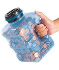 Person holding Ultra Large Coin Bank With LCD Counter And 4.2L Capacity, stores 4000 plus coins, clear plastic filled with coins