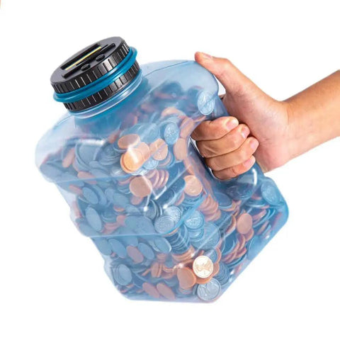 Person holding Ultra Large Coin Bank With LCD Counter And 4.2L Capacity, stores 4000 plus coins, clear plastic filled with coins