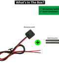 Momentary Push Button Switch 12V 24V Prewired Surface Mount With 20 Inch Lead Easy Install Cover Included Hold On When Pressed Release Off Double Sided Tape No Drilling Required, shown with quick connectors