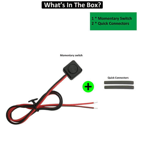 Momentary Push Button Switch 12V 24V Prewired Surface Mount With 20 Inch Lead Easy Install Cover Included Hold On When Pressed Release Off Double Sided Tape No Drilling Required, shown with quick connectors