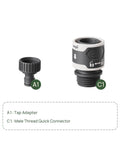 Front view of tap adapter and male thread quick connector from Garden Hose Quick Connector Set With Water Stop And Lock Quick Release Kit Universal Fittings And Adapters Set Of Four For Fast Attach No Fuss Leak Free Watering.