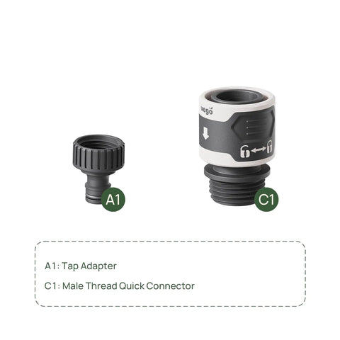 Front view of tap adapter and male thread quick connector from Garden Hose Quick Connector Set With Water Stop And Lock Quick Release Kit Universal Fittings And Adapters Set Of Four For Fast Attach No Fuss Leak Free Watering.