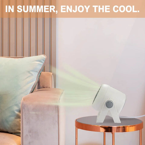 Compact Ceramic Heater With Fast 1000W Heating And Fan Modes on table near couch in living room, white