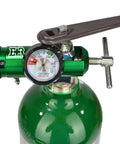 Oxygen regulator with CGA-870 gauge and wrench, 0-15 LPM, green metal body on oxygen tank