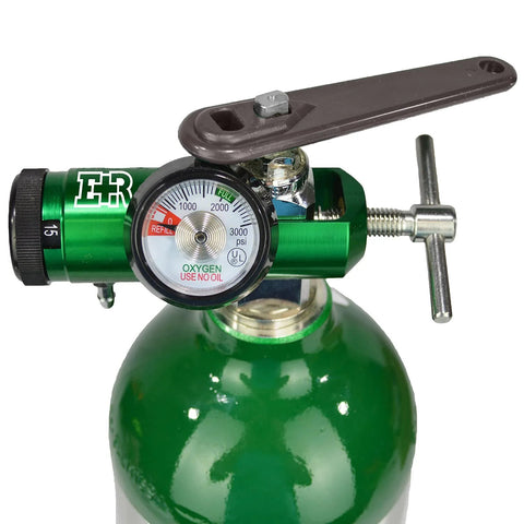 Oxygen regulator with CGA-870 gauge and wrench, 0-15 LPM, green metal body on oxygen tank