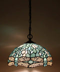 Tiffany Style Sea Blue Stained Glass Dragonfly Pendant Light Plug In 12 Inch Hanging Lamp With 32 Inch Chain And 15 Foot Cord UL Listed LED Ready