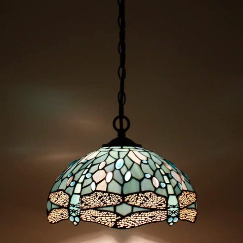 Tiffany Style Sea Blue Stained Glass Dragonfly Pendant Light Plug In 12 Inch Hanging Lamp With 32 Inch Chain And 15 Foot Cord UL Listed LED Ready
