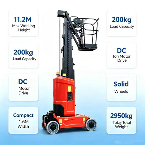 Electric Self Propelled Vertical Mast Boom Lift Brings Compact Workhorse Power With Articulated Jib Boasting 36 Ft Max Working Height At 29.5 Ft Platform for indoor use with compact design and solid wheels.