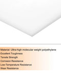 Corner view of UHMW Sheet Ultra High Molecular Weight Polyethylene Board One Eighth Inch Thick HDPE Plastic Sheet with material benefits listed.