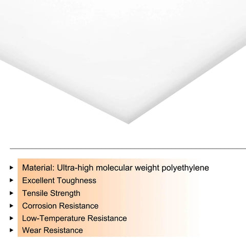 Corner view of UHMW Sheet Ultra High Molecular Weight Polyethylene Board One Eighth Inch Thick HDPE Plastic Sheet with material benefits listed.
