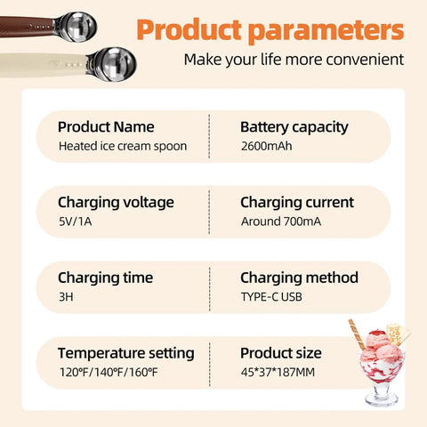 Heated Ice Cream Scoop With Three Heat Settings And 2600mAh Rechargeable Battery product specifications chart and measurements.