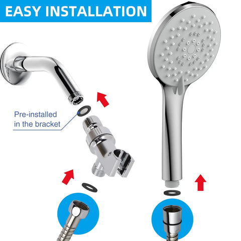 Five Function Handheld Shower Head With 70.8 Inch Stainless Steel Hose And Bracket Chrome Finish 4.7 Inch Hand Shower 6 Feet Hose Plumber Tape Easy Clean Power Wash Massage Rain Mix Mist