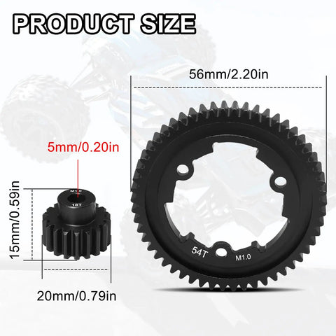 54T Hardened Steel Spur Gear With 18T Pinion Gear dimensions for Traxxas X Maxx XO1 Maxx E Revo Two Point Zero VXL RC Car