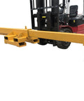 Heavy Duty Bidirectional Telescoping Forklift Jib Boom 5 Ton Crane Attachment in yellow with hardened hooks and dual fork base.