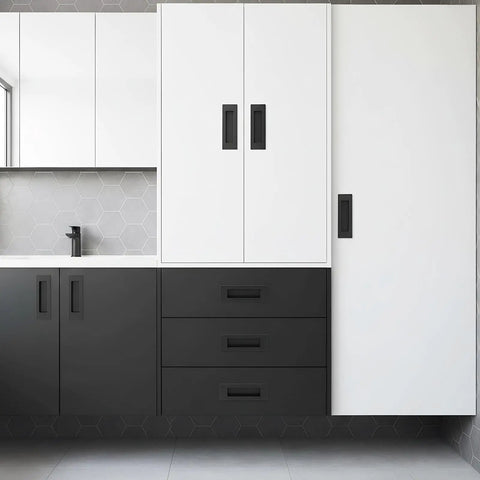 Four Pack 6 Inch Recessed Pocket Door Handles Flush Pulls For Sliding Barn Doors Pocket Doors Closets Cabinets And Drawers Matte Black Stainless Steel Hardware Space Saving Snag Free on kitchen cabinets.