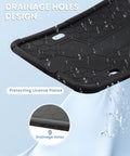 Close-up of black silicone license plate frame with 9 drainage holes, part of Two Pack Silicone License Plate Frames Black For Front And Rear Mounting On Cars And Trucks Universal US Plate Holder Rust Proof Rattle Proof Weatherproof Easy Install Mounting Kit Accessories