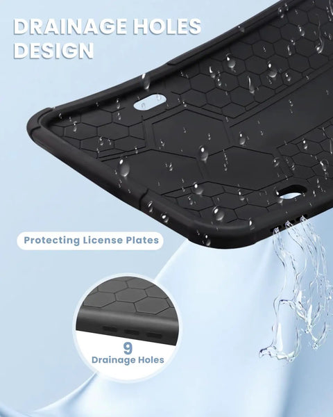 Close-up of black silicone license plate frame with 9 drainage holes, part of Two Pack Silicone License Plate Frames Black For Front And Rear Mounting On Cars And Trucks Universal US Plate Holder Rust Proof Rattle Proof Weatherproof Easy Install Mounting Kit Accessories