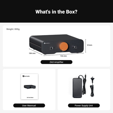 ZA3 Dual Mode Mini Stereo Amplifier For Home Audio With Mono And Stereo Power Up To 235W Mono And 180W Stereo 48V Power Supply, user manual, and power supply unit