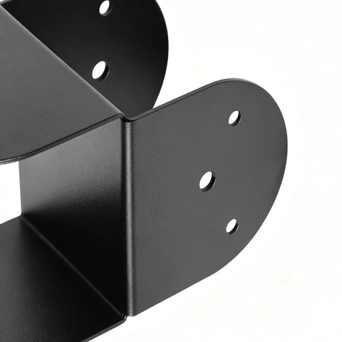 Close-up of a black Heavy Duty 4x4 Inch Pergola Brackets Kit Metal Waterproof Connector Set 4 Piece for outdoor structures