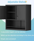 Beefy Metal Wall Cabinet With Doors And Shelves Locking Garage Storage Cabinet For Workshop Warehouse And Home Office Heavy Duty Steel Wall Mounted Black with adjustable shelves and open door.