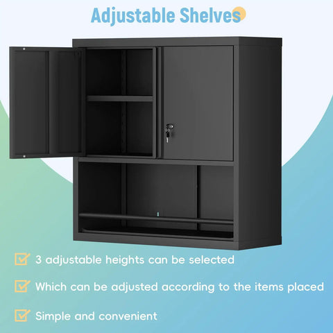 Beefy Metal Wall Cabinet With Doors And Shelves Locking Garage Storage Cabinet For Workshop Warehouse And Home Office Heavy Duty Steel Wall Mounted Black with adjustable shelves and open door.