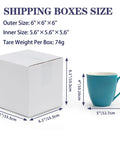 6x6x6 Shipping Boxes For Small Biz, 40 Pack White Corrugated Cardboard Boxes next to a blue mug for sizing reference